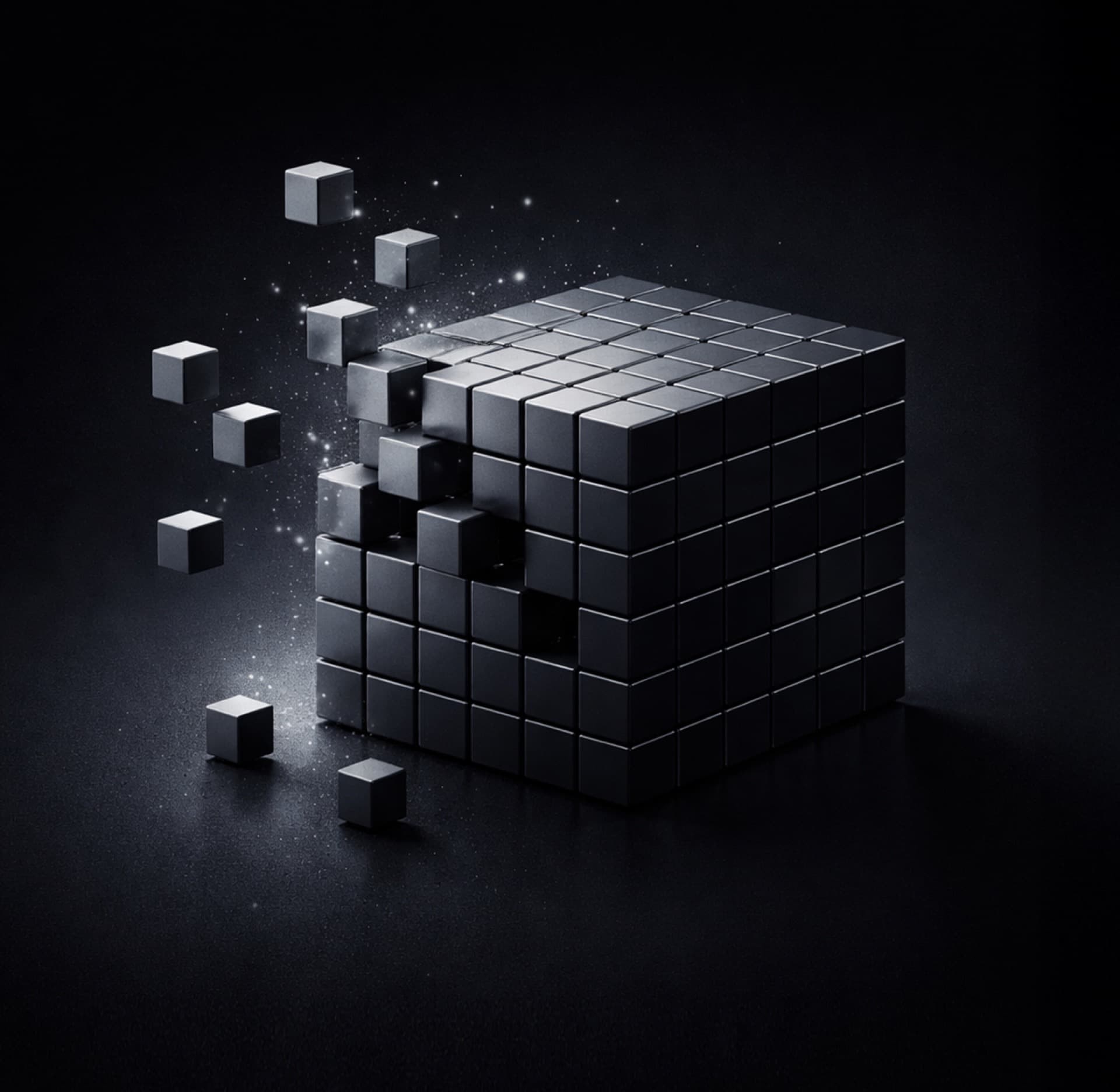 Scattered cubes assembling into a perfect larger cube