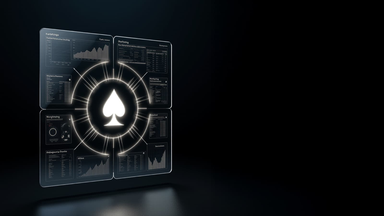 A dark glass control panel with the Spade Agentic mark surrounded by performance charts